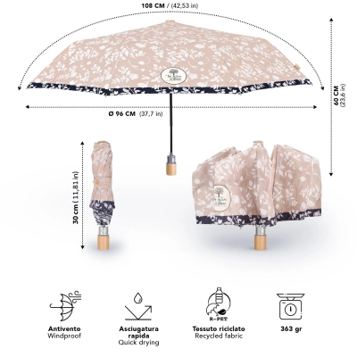 Дамски автоматичен чадър Perletti Green 19162, Бели цветя/Свелобежов
