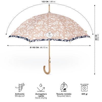 Дамски автоматичен голф чадър Perletti Green 19161, Бели цветя/Светлобежов