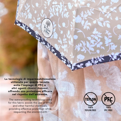 Дамски автоматичен голф чадър Perletti Green 19161, Бели цветя/Светлобежов