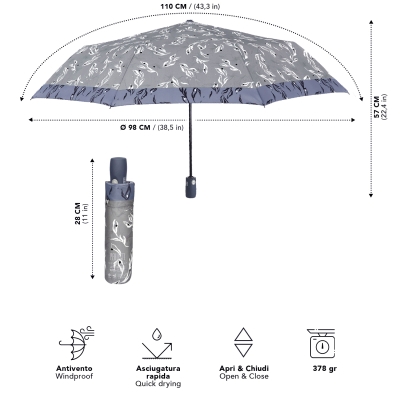 Дамски автоматичен Open-Close чадър Perletti Technology 21812, Сив/Пастелносин кант