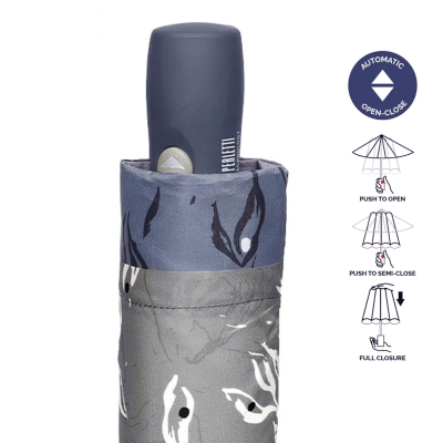Дамски автоматичен Open-Close чадър Perletti Technology 21812, Сив/Пастелносин кант