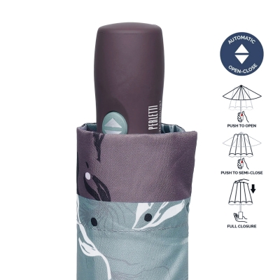 Дамски автоматичен Open-Close чадър Perletti Technology 21812, Сиво-зелен/Лилав кант