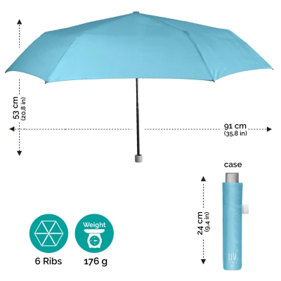 Дамски неавтоматичен чадър Extra Slim чадър с UV50 защита Perletti Time 26409, Пастелно син