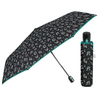 Ladies' Foldable Automatic Open-Close Umbrella Perletti Time 26424, Black with Green Trim
