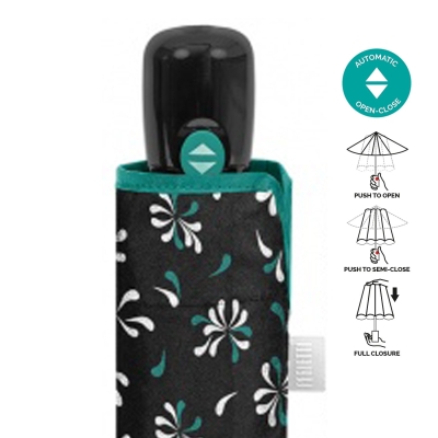 Ladies' Foldable Automatic Open-Close Umbrella Perletti Time 26424, Black with Green Trim