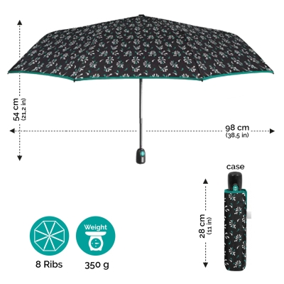 Ladies' Foldable Automatic Open-Close Umbrella Perletti Time 26424, Black with Green Trim