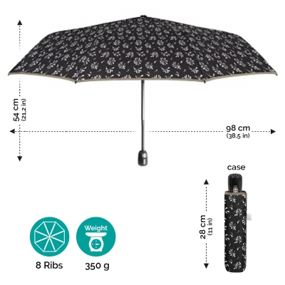 Ladies' Foldable Automatic Open-Close Umbrella Perletti Time 26424, Black with Grey Trim