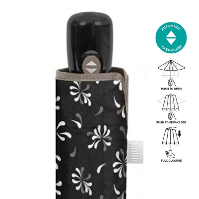 Ladies' Foldable Automatic Open-Close Umbrella Perletti Time 26424, Black with Grey Trim