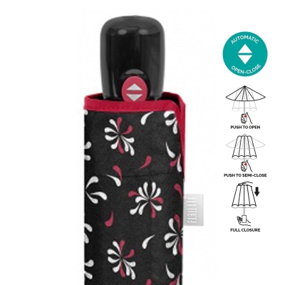 Ladies' Foldable Automatic Open-Close Umbrella Perletti Time 26424, Black with Burgundy Trim