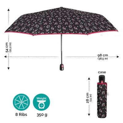 Ladies' Foldable Automatic Open-Close Umbrella Perletti Time 26424, Black with Burgundy Trim