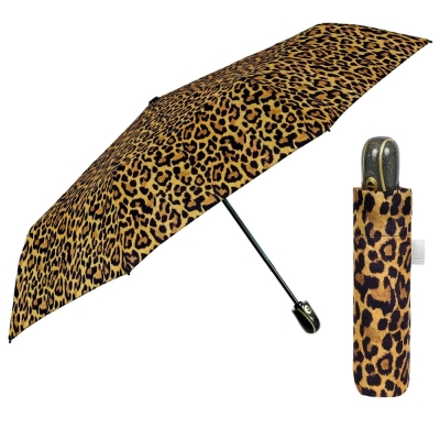 Ladies' Foldable Automatic Open-Close Umbrella Perletti Time 26444, Yellow/Leopard