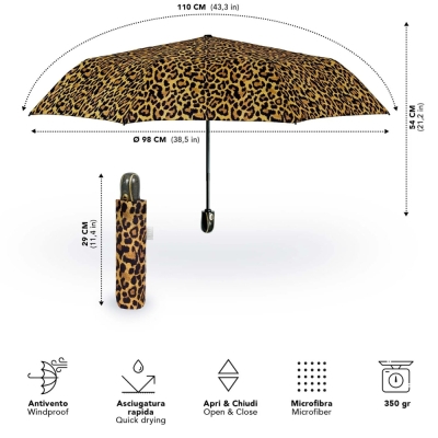 Ladies' Foldable Automatic Open-Close Umbrella Perletti Time 26444, Yellow/Leopard