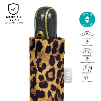 Ladies' Foldable Automatic Open-Close Umbrella Perletti Time 26444, Yellow/Leopard