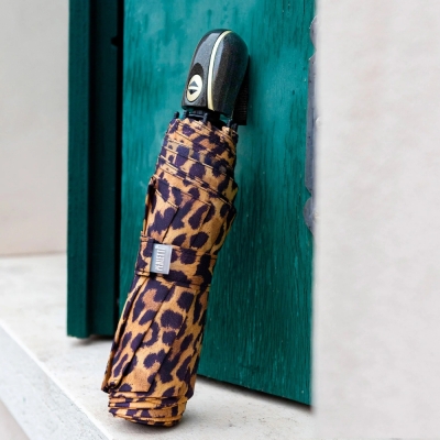 Ladies' Foldable Automatic Open-Close Umbrella Perletti Time 26444, Yellow/Leopard