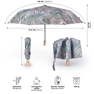 Дамски автоматичен чадър Perletti Green 19158, Бежов/Зелени листа