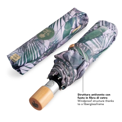 Дамски автоматичен чадър Perletti Green 19158, Бежов/Зелени листа