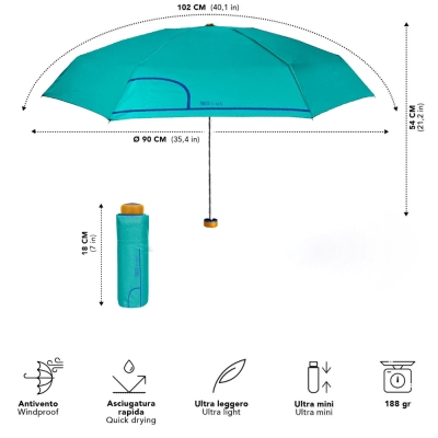 Дамски мини сгъваем неавтоматичен чадър Perletti Time 26414, Тюркоаз