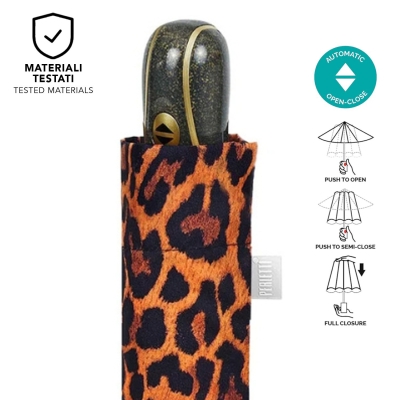 Ladies' Foldable Automatic Open-Close Umbrella Perletti Time 26444, Orange/Leopard