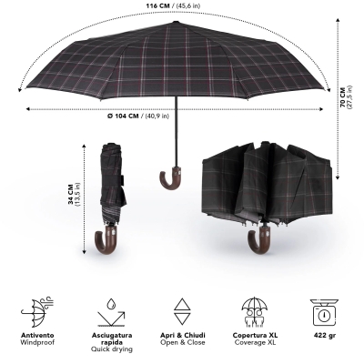 Men's Automatic Open-Close Umbrella Perletti Technology 21827, Scottish Check in Black and Bordeaux
