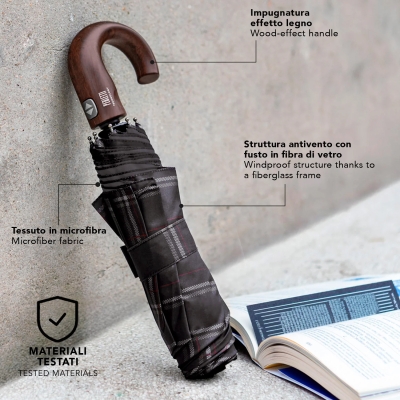 Men's Automatic Open-Close Umbrella Perletti Technology 21827, Scottish Check in Black and Bordeaux