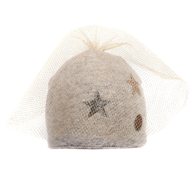 Дамска плетена шапка с воалетка HatYou CP2850, Бежов/Златист