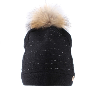 Ladies' knitted hat with natural pompom JG5266, Black
