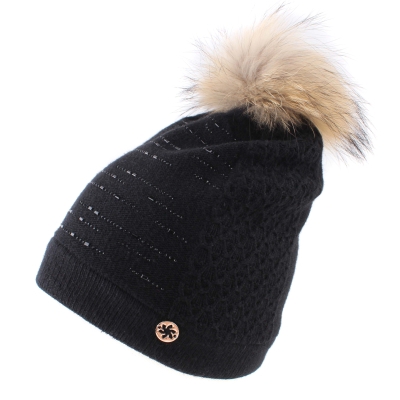 Ladies' knitted hat with natural pompom JG5266, Black