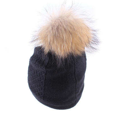 Ladies' knitted hat with natural pompom JG5266, Black