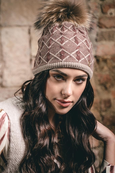 Ladies' knitted hat with natural pompom JG5750, Beige