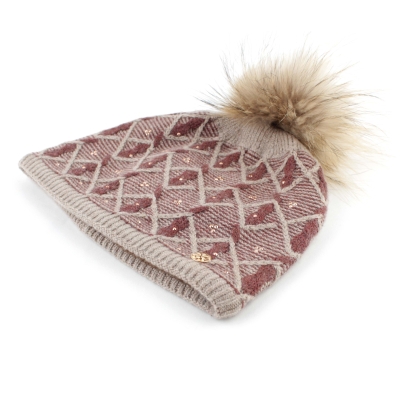 Ladies' knitted hat with natural pompom JG5750, Beige