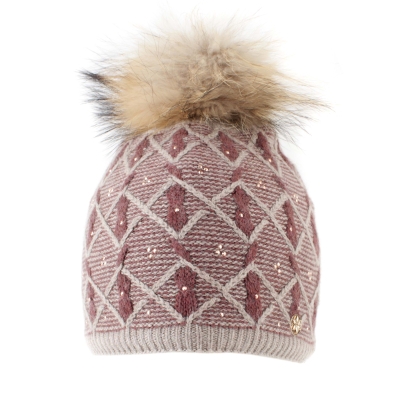 Ladies' knitted hat with natural pompom JG5750, Beige