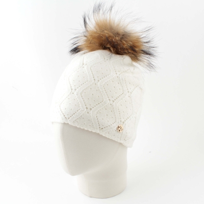 Ladies' knitted hat with natural pompom JG5748, Ecru