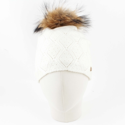 Ladies' knitted hat with natural pompom JG5748, Ecru
