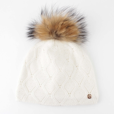 Ladies' knitted hat with natural pompom JG5748, Ecru