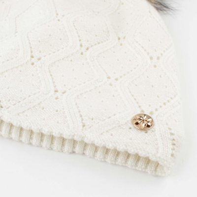 Ladies' knitted hat with natural pompom JG5748, Ecru