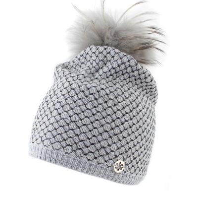 Ladies' knitted hat with natural fur pompom JG5328, Grey/Gold