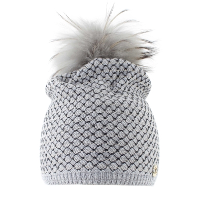 Ladies' knitted hat with natural fur pompom JG5328, Grey/Gold
