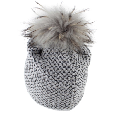 Ladies' knitted hat with natural fur pompom JG5328, Grey/Gold