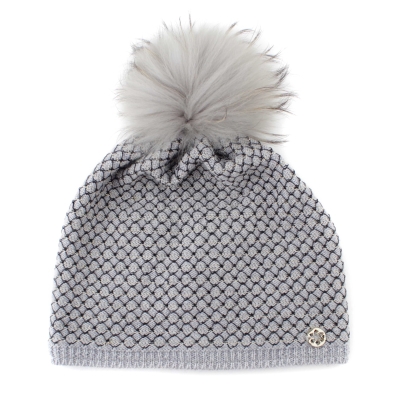 Ladies' knitted hat with natural fur pompom JG5328, Grey/Gold