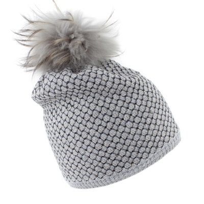 Ladies' knitted hat with natural fur pompom JG5328, Grey/Gold