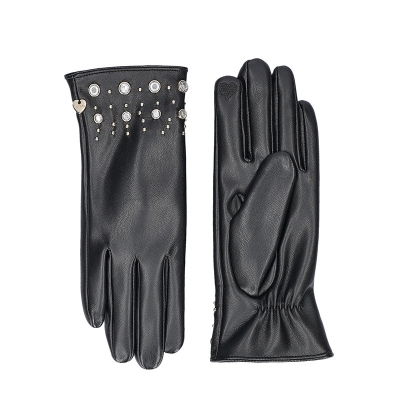 Дамски ръкавици от синтетична кожа с декорация HatYou GL1599, Черен