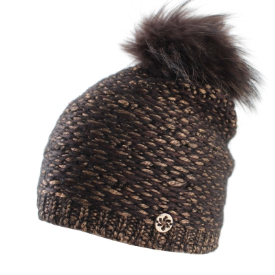 Дамска плетена шапка с естествен помпон Granadilla  JG5421, Кафяв-черен