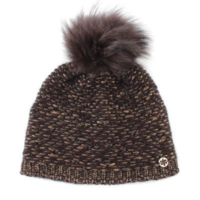 Дамска плетена шапка с естествен помпон Granadilla  JG5421, Кафяв-черен