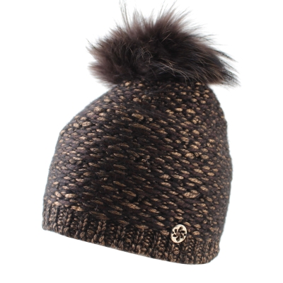 Дамска плетена шапка с естествен помпон Granadilla  JG5421, Кафяв-черен