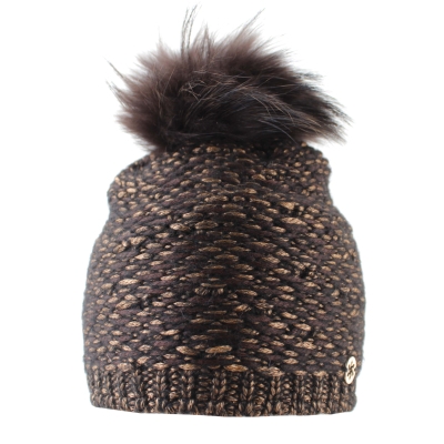 Комплект плетен шал и шапка с естествен помпон Granadilla  JG5421&JG5422, Кафяв-черен