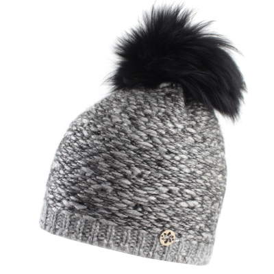 Дамска плетена шапка с естествен помпон Granadilla  JG5421, Сив-черен