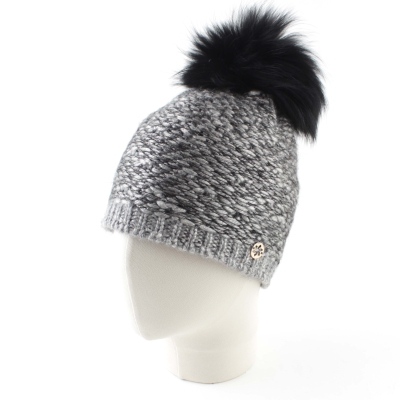 Дамска плетена шапка с естествен помпон Granadilla  JG5421, Сив-черен