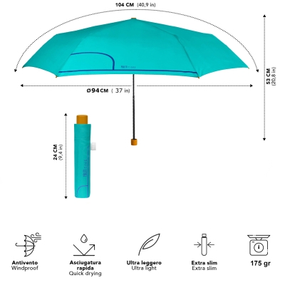 Дамски ултралек сгъваем ръчен чадър Extra Slim | Perletti Time | Тюркоаз