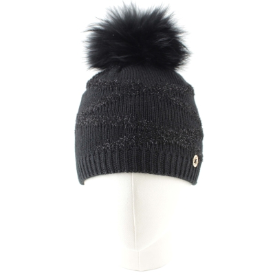 Дамска зимна плетена шапка с естествен помпон Granadilla | Черен