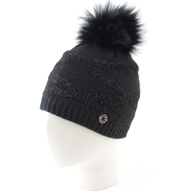 Дамска зимна плетена шапка с естествен помпон Granadilla | Черен